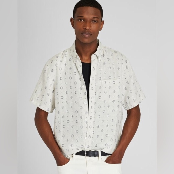 Club Monaco Medallion Print Short Sleeve Slim Linen Shirt - Picture 1 of 9
